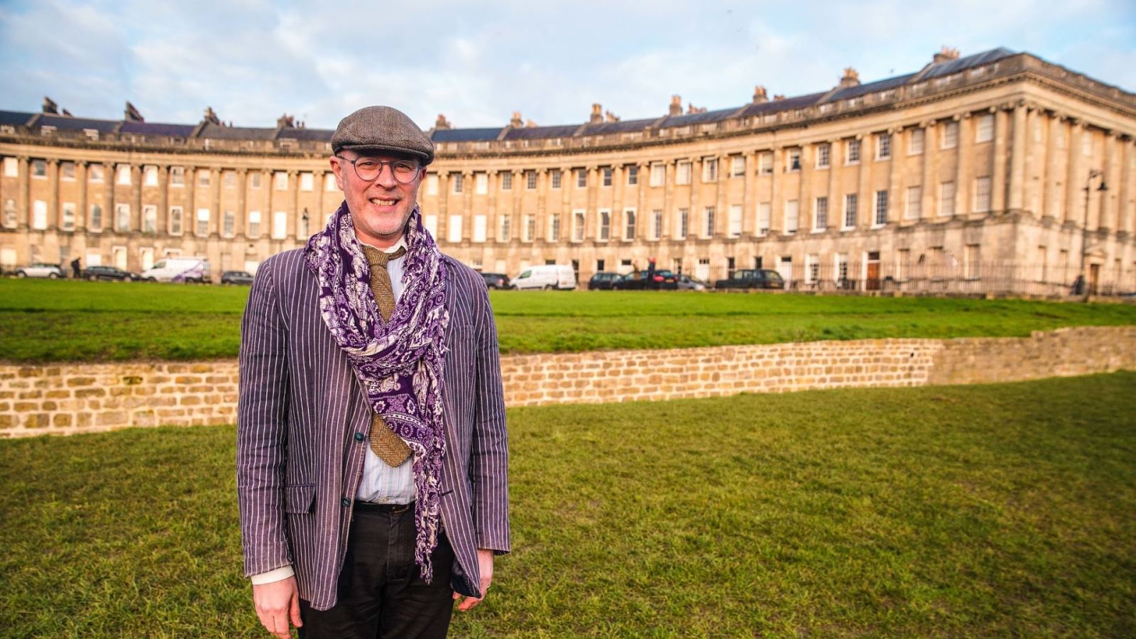 Mike James from Savouring Bath standing in front of Bath's Royal Crescent